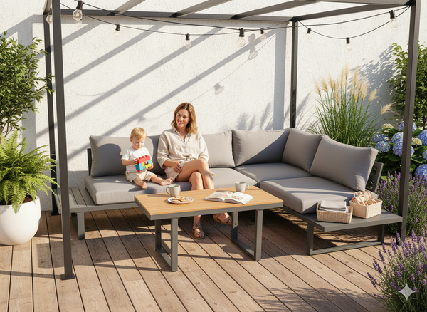 ZESTAW MEBLI ALUMINIOWYCH "BOGOTA" (SOFA NAROŻNA + STOLIK) SZARY + SZARE PODUSZKI 