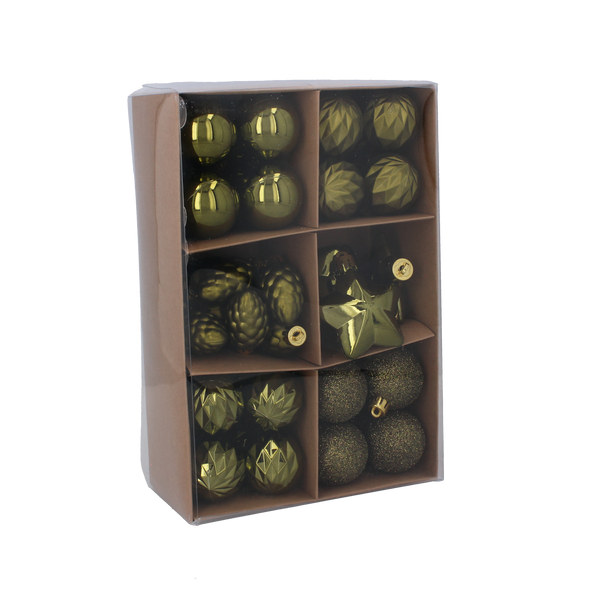 SET OF 47 BAUBLES 4-6 CM OLIVE/COPPER/GRAPHITE MIX DESIGNS