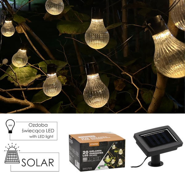 SOLÁRNÍ ZÁHRADNÍ ŘETĚZ DÉLKA 2 + 3,8 M PRUHOVANÝ 20 LED TEPLÁ BÍLÁ *3620