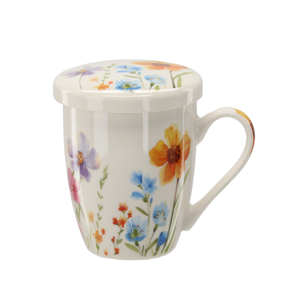 KUBEK PORCELANOWY Z ZAPARZACZEM I POKRYWKĄ 340 ML MIX KWIATOWYCH WZORÓW *1902