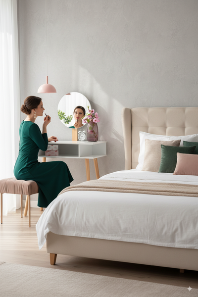 TOALETKA DO WIZAŻU BIAŁA RETRO Z OKRĄGŁYM LUSTREM + TABORET *5803