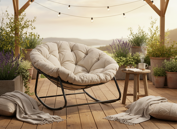 FOTEL BUJANY JASNOBEŻOWA PODUSZKA, SZARA RAMA 105 x 67 CM 