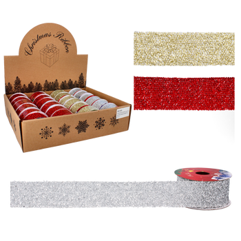CHRISTMAS DECORATIVE RIBBON 3.8 CM x 2.7M RED/GOLD/SILVER