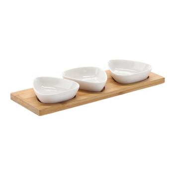 SET PENTRU SERVIRE A APERITIVELOR - 3 FARFURIUȚE TRIUNGHIULARE DIN PORȚELAN CU UN TABLĂ DIN BAMBUS 28x10x3CM *7248