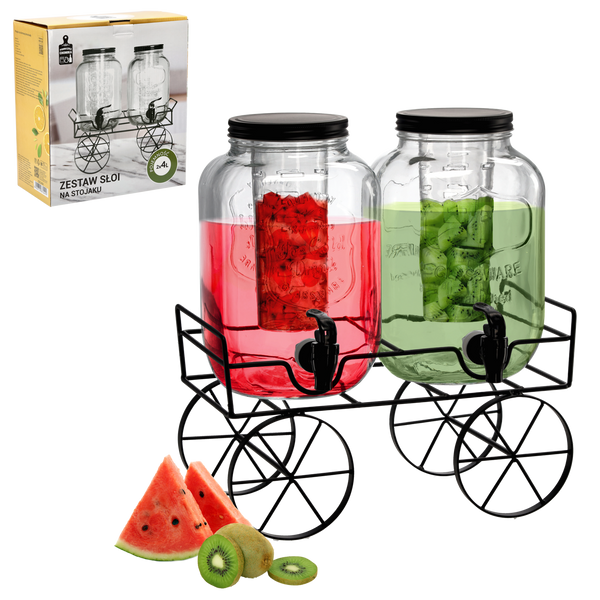 SET OF 2 JARS 4 L WITH METAL LID, TAP, AND FRUIT/ICE CONTAINER, ON STAND