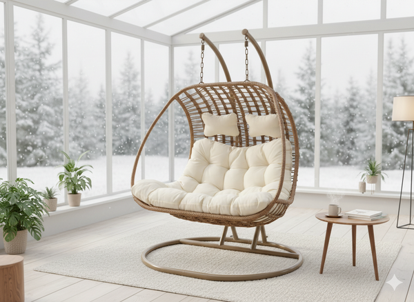 FOTEL WISZĄCY SURI DWUOSOBOWY - NATURALNY, KREMOWA PODUSZKA, NATURALNA RAMA 