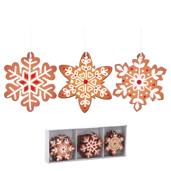 SET OF 18 WOODEN CHRISTMAS DECORATIONS BROWN ASSORTED 3 DESIGNS SNOWFLAKES