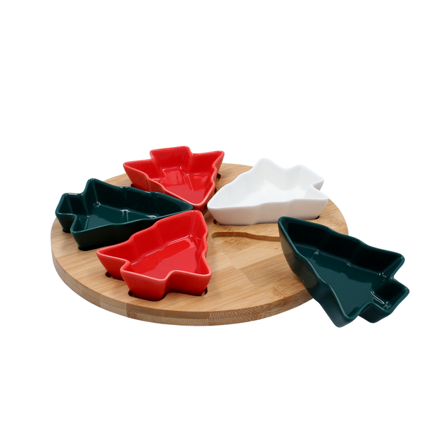 SET FOR SERVING APPETIZERS - 5 TREE-SHAPED BOWLS WITH BAMBOO BOARD