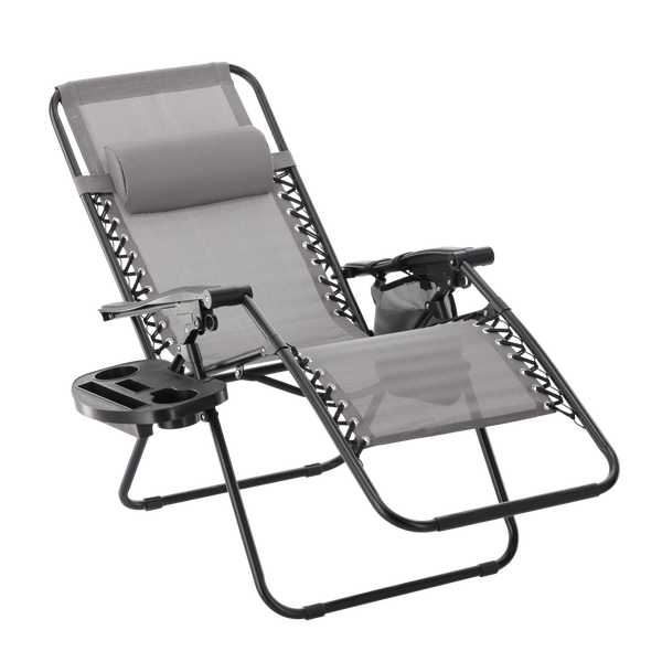 FOLDING GARDEN SUN LOUNGER WITH BASE, POCKET AND HEADREST GREY