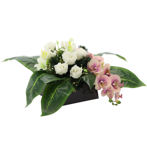 KYTICE CH-32 (ŠÍŘ. 50 CM, VÝŠ. 30 CM) ORCHIDEJ S RŮŽÍ A LILIÍ MIX BARVA