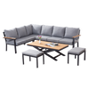HLINÍKOVÝ TEAKOVÝ ZÁHRADNÝ NÁBYTOK (ROHOVÁ SOFA + STÔL + 2 TABURETY) ANTRACITOVÁ + ŠEDÉ VANKÚŠE *0411