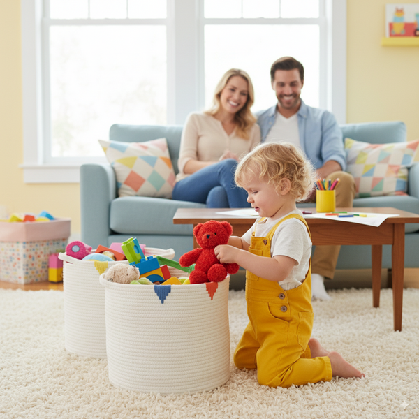 KOSZ NA PRANIE/ZABAWKI 27 x 24 CM OKRĄGŁY BIAŁY Z KOLOROWYM WZOREM ROZM. S *4984