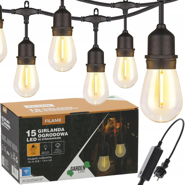 GIRLANDA OGRODOWA ZE STEROWNIKIEM 12 V DŁ. 0,6 + 14,4 M FILAME 15 LED CIEPŁY BIAŁY Z UCHWYTAMI *1267