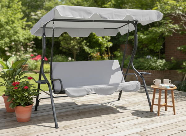 HUŚTAWKA OGRODOWA 170 x 110 x 153 cm SZARA BEZ POD. Z PODSTAWKAMI NA KUBEK