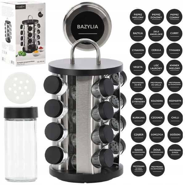 PRZYPRAWNIK OKRĄGŁY 17,5 x 33 CM Z RĄCZKĄ 16 SŁOICZKÓW CZARNO-SREBRNY *9158