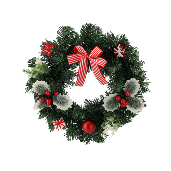 CORONĂ FESTIVĂ 30 CM ROȘIE CU ILEX *2453