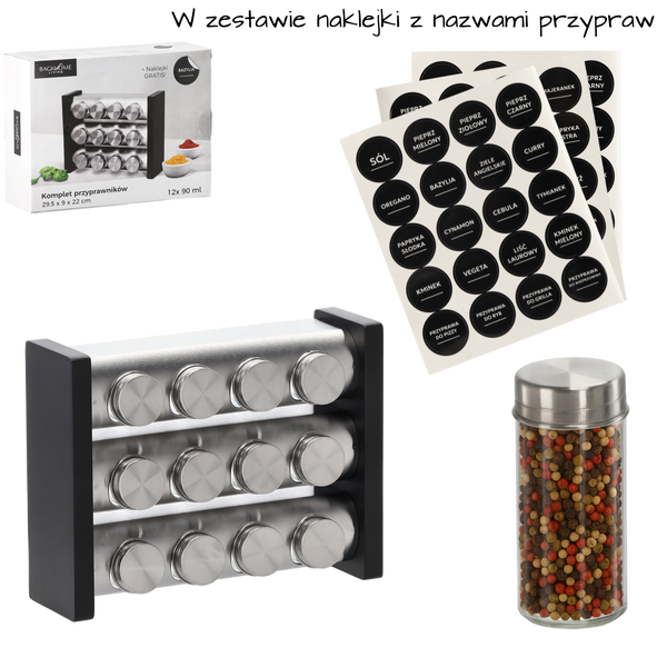 PRZYPRAWNIK TRZYPOZIOMOWY 29,5 x 9 x 22 CM 12 SŁOICZKÓW SREBRNO-CZARNY *9226
