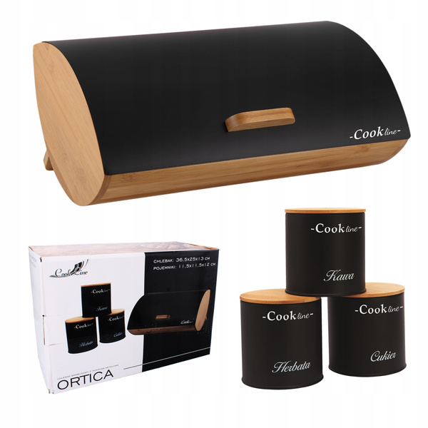 CHLEBAK ORTICA - BAMBUSOWY Z POKRYWĄ METALOWĄ 36,5x25x13 CM CZARNY MAT + 3 POJEMNIKI 11,5x11,5x12 CM