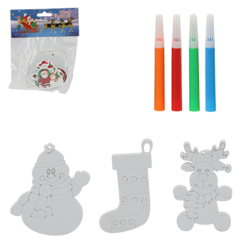 SET OF 3 CHRISTMAS DECORATIONS DIY + 4 MARKERS ASSORTED SNOWMAN/REINDEER/CHRISTMAS SOCK