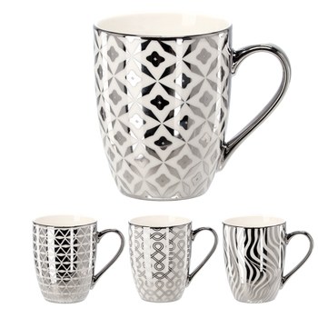 KÁVOVÝ HRNEK PORCELÁNOVÝ STŘÍBRNO-BÍLÝ 340ML MIX VZORŮ balení=12 ks *6219