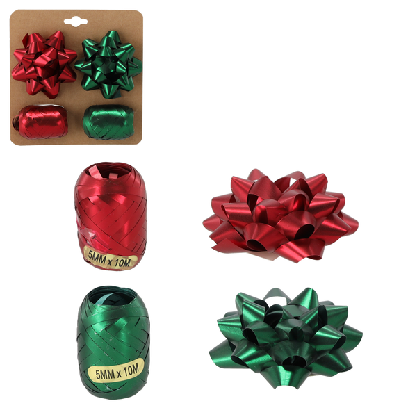 GIFT WRAP SET - GREEN / RED (2 RIBBONS + 2 BOWS) pack=24pcs. *7663