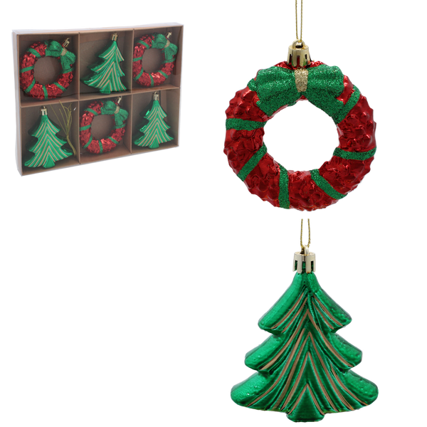 SET OF 6 CHRISTMAS TREE ORNAMENTS - WREATH / CHRISTMAS TREE 8CM pack=6sets