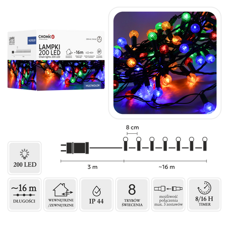LAMPKI LED CHERRY BALL 200L MULTIKOLOR, DŁ. 3 + 16 M *9980
