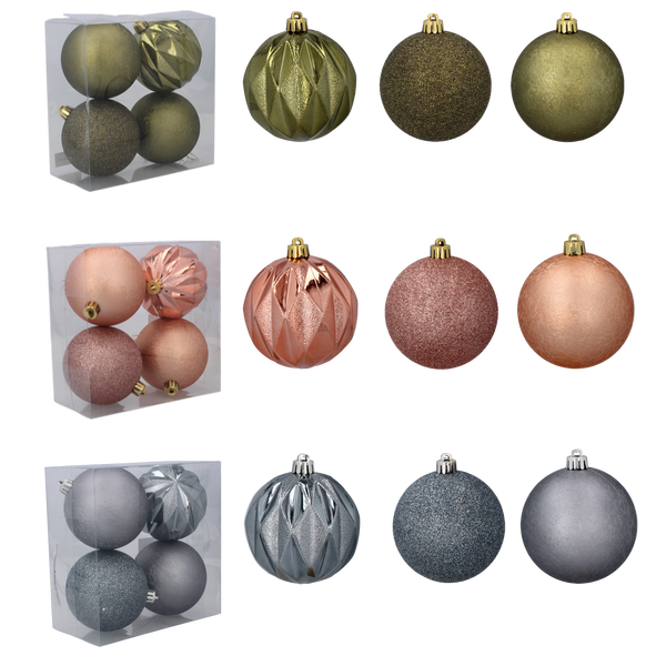 SET OF 4 BAUBLES 8 CM OLIVE/COPPER/GRAPHITE MIX DESIGNS