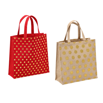 BAG MADE OF JUTE 30 X 30 X 10 CM WITH DOTS - RED / NATURAL PACK=5PCS