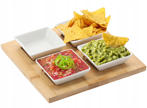SET FOR SERVING APPETIZERS - 4 SQUARE PORCELAIN BOWLS WITH BAMBOO BOARD 22X22X3,5CM