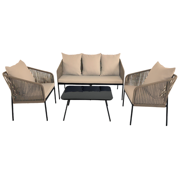 ZESTAW MEBLI OGRODOWYCH Z PLECIONEJ LINY (2 FOTELE + SOFA + STOLIK) - BEŻOWY, PODUSZKI - BEŻOWE