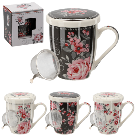 PORCELAIN MUG WITH INFUSER AND LID 340 ML ASSORTED FLORAL PATTERNS 