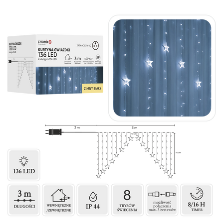 CORTINĂ LUMINOSĂ STELE 136L ALB RECE, LUNGIME 3 + 3 M *0023