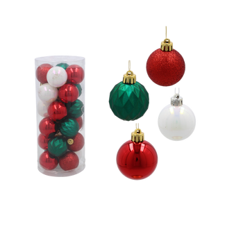 SET OF 24 BAUBLES 4 CM IN TUBE RED/GREEN/WHITE