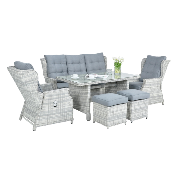 SET DE MOBILIER DE GRĂDINĂ DIN ALUMINIU ȘI RATTAN (CANAPEA + MASĂ + 2 FOTOLII + 2 PUFE) GRI + PERNE GRI *0404
