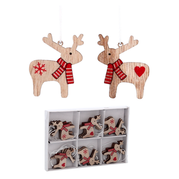 SET OF 18 WOODEN CHRISTMAS DECORATIONS ASSORTED 2 DESIGNS REINDEERS