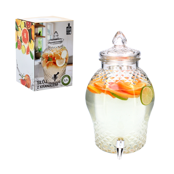 DECORATED GLASS JAR 5.7L WITH GLASS LID AND TAP