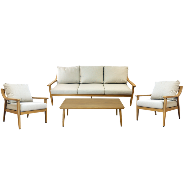 ZESTAW MEBLI ALUMINIOWYCH "NIKOZJA" (3 OS. SOFA + 2 FOTELE + STOLIK) BEŻOWY + BEŻOWE PODUSZKI *9552