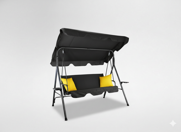 HUŚTAWKA OGRODOWA A-TYPE 170 x 118 x 153 cm CZARNA Z ŻÓŁTYMI POD. I PODSTAWKAMI NA KUBEK