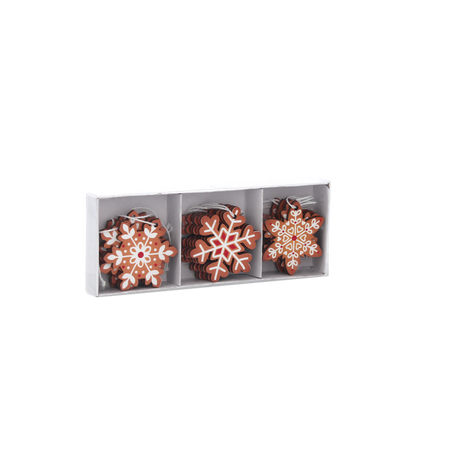 SET OF 18 WOODEN CHRISTMAS DECORATIONS BROWN ASSORTED 3 DESIGNS SNOWFLAKES