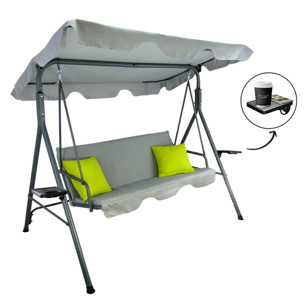 HUŚTAWKA OGRODOWA A-TYPE 170 x 118 x 153 cm SZARA Z LIMONKOWYMI POD. I PODSTAWKAMI NA KUBEK *9987