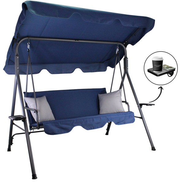 HUŚTAWKA OGRODOWA A-TYPE 170 x 118 x 153 cm GRANATOWA Z SZARYMI POD. I PODSTAWKAMI NA KUBEK *9696