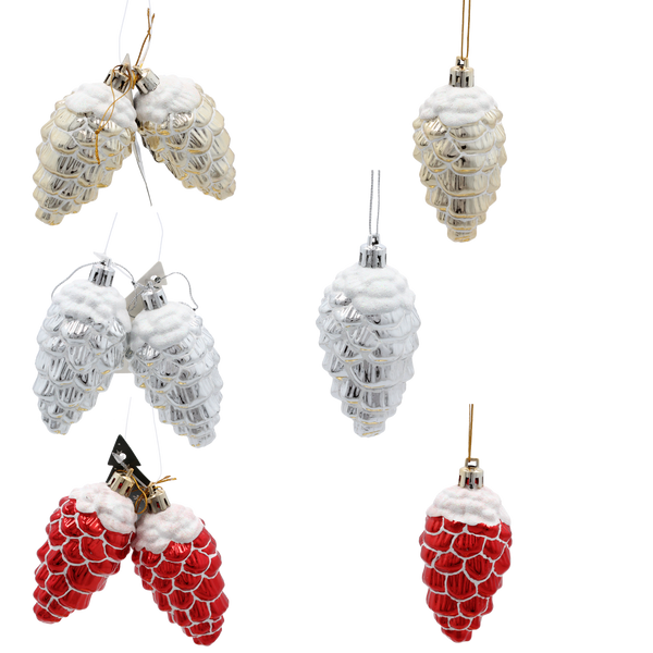 KPL. 2 OZDÓB CHOINKOVÝCH ŠIŠKA 9 CM ZLATÝ / STŘÍBRNÝ / ČERVENÝ *5386