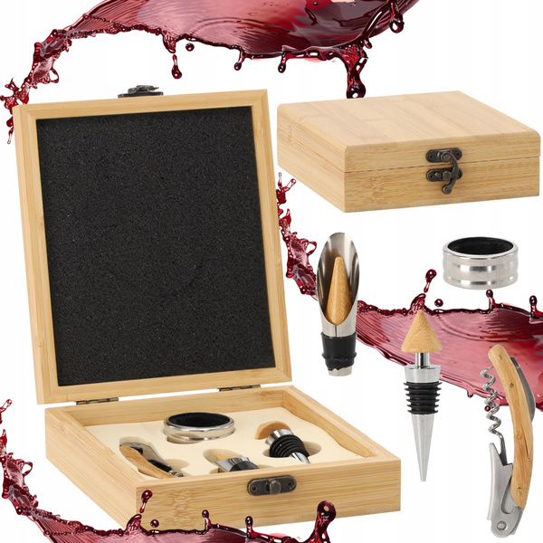 Set de 4 accesorii pentru vin - cutie din bambus *6316