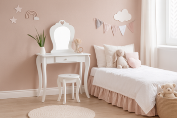 SMALL COSMETIC DRESSING TABLE WHITE WITH MIRROR + STOOL