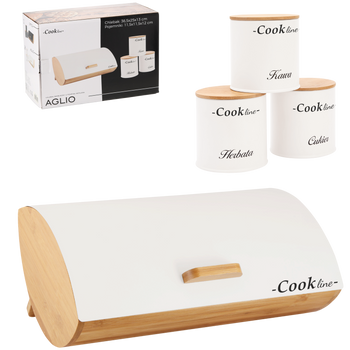 CHLEBAK AGLIO - BAMBUSOWY Z POKRYWĄ METALOWĄ 36,5 x 25 x 13 CM BIAŁY MAT + 3 POJEMNIKI 11,5x11,5x12 CM *4942