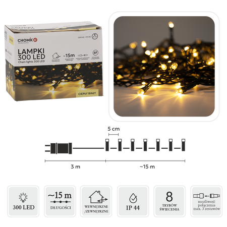 LAMPKI LED 300L CIEPŁY BIAŁY DŁ. 3 + 15 M WEWN/ZEWN *9508