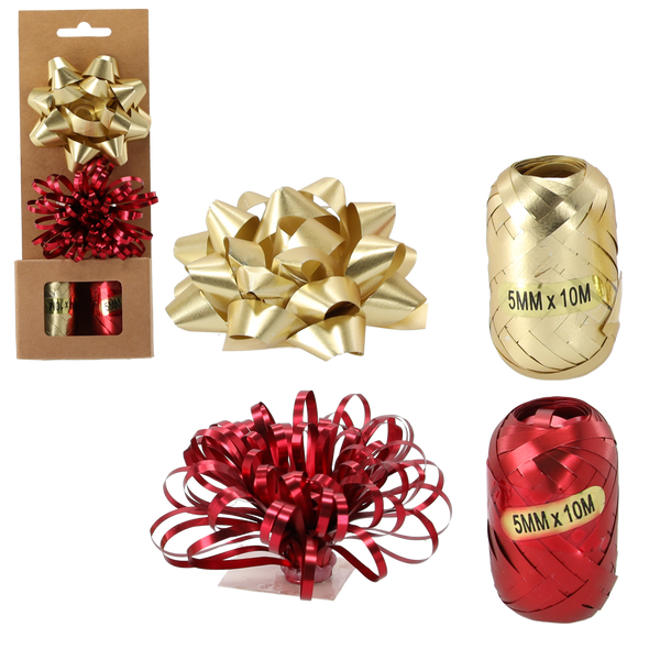 GIFT WRAPPING SET - GOLD / RED (2 RIBBONS + 2 BOWS) *7601
