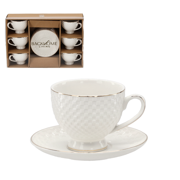 SET OF 6 EMBOSSED CUPS WITH SAUCER 250 ML WITH GOLDEN DECORATIVE STRIPE