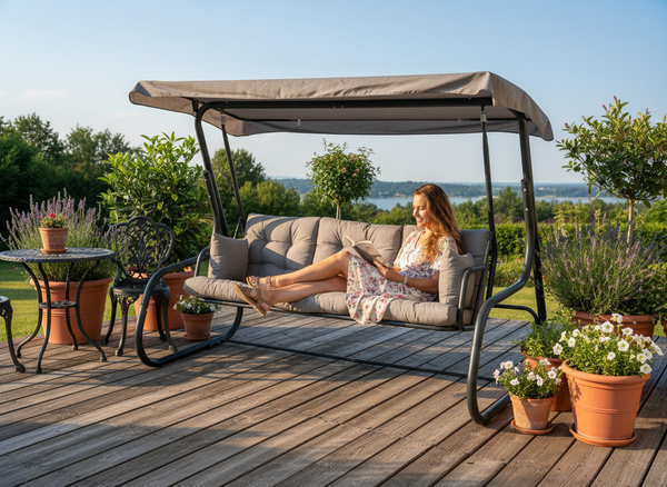 HUŚTAWKA OGRODOWA 215 x 130 x 175 CM SZARY MELANŻ Z FUNKCJĄ LEŻANKI PREMIUM 